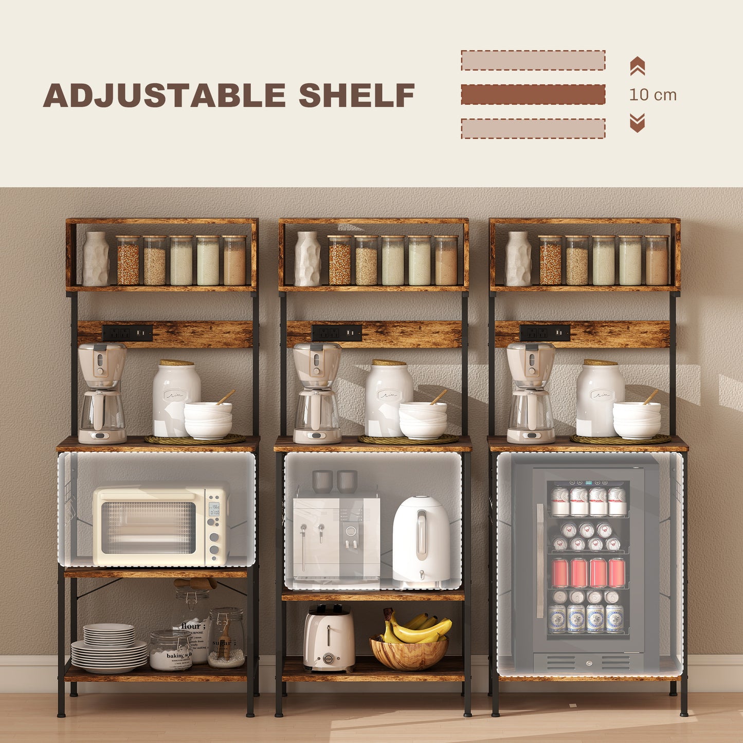 HOMCOM Kitchen Storage Rack With Power Outlet And USB Charger Rustic Brown Bakers Rack For Kitchen Organization