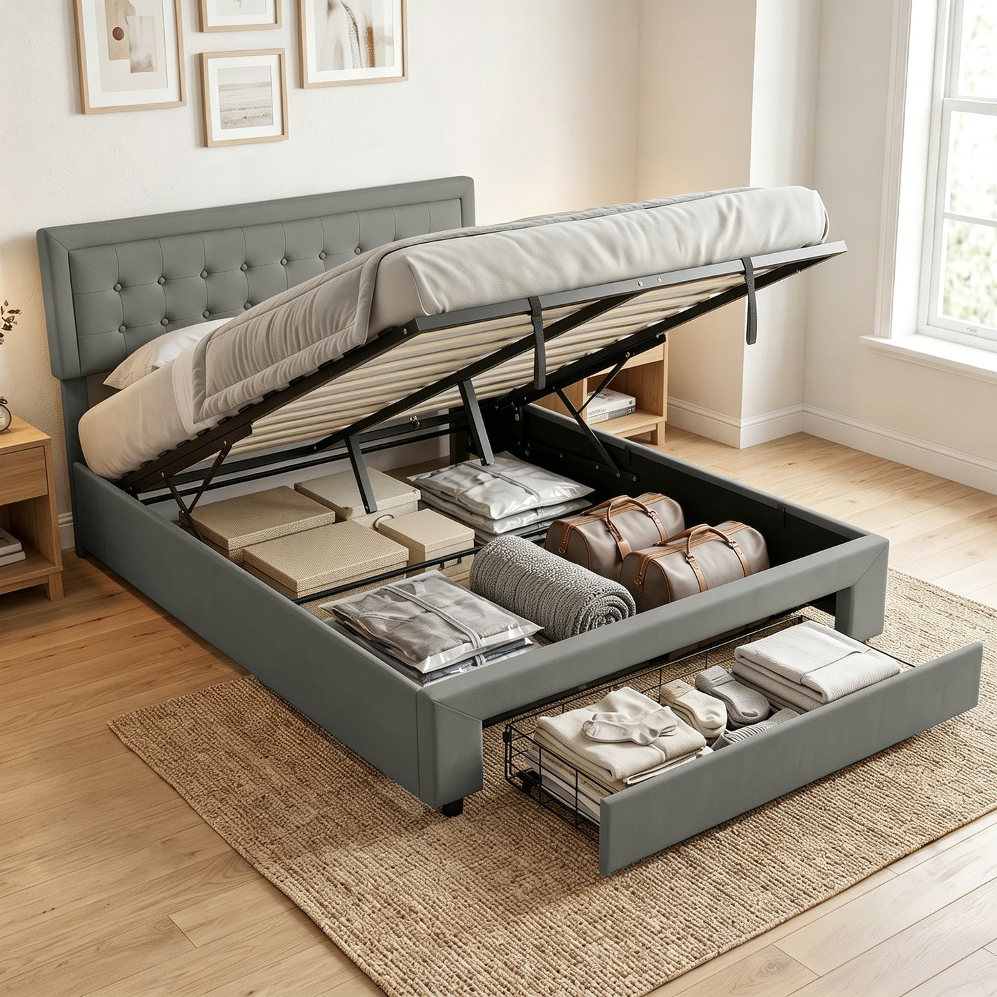 HOMCOM King Size Ottoman Bed Frame with Storage Drawer – Grey Fabric Lift-Up Bed