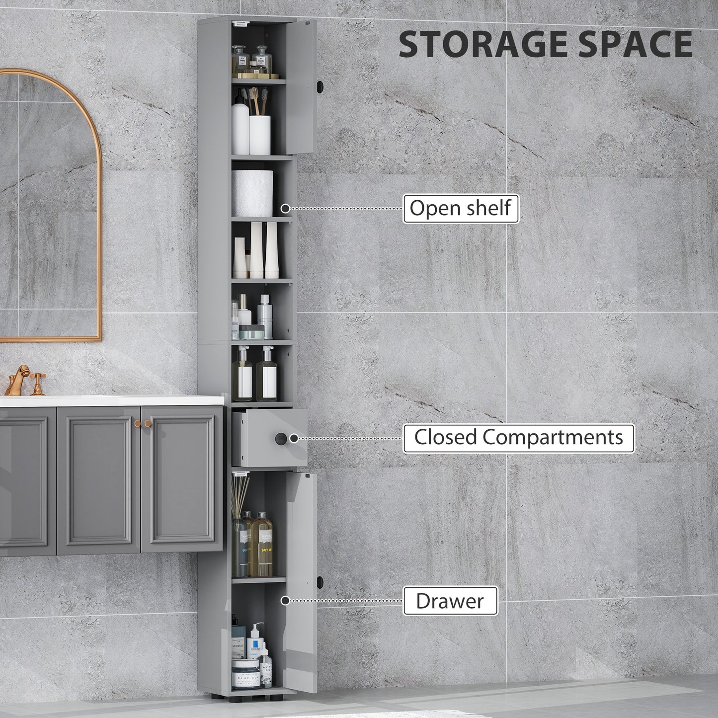 Kleankin 180cm Slim Bathroom Cabinet With Drawer Shelves And Cupboards Grey For Small Bathrooms
