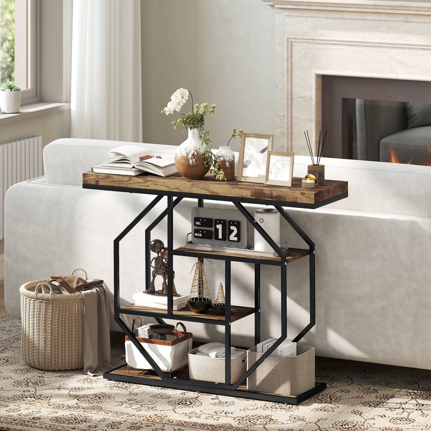 HOMCOM 4-Tier Industrial Console Table With Storage In Rustic Brown Finish For Entryways Hallways And Living Spaces