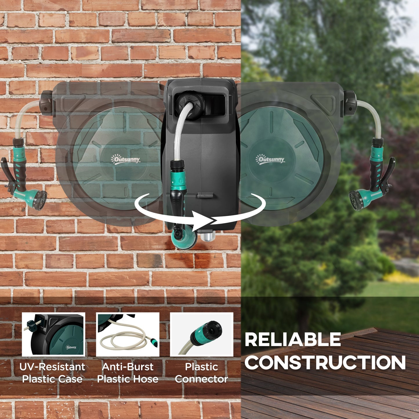 Outsunny Retractable Wall Mounted Hose Reel 30m Garden Hose With Auto Rewind 180 Degree Swivel 7 In 1 Nozzle Green