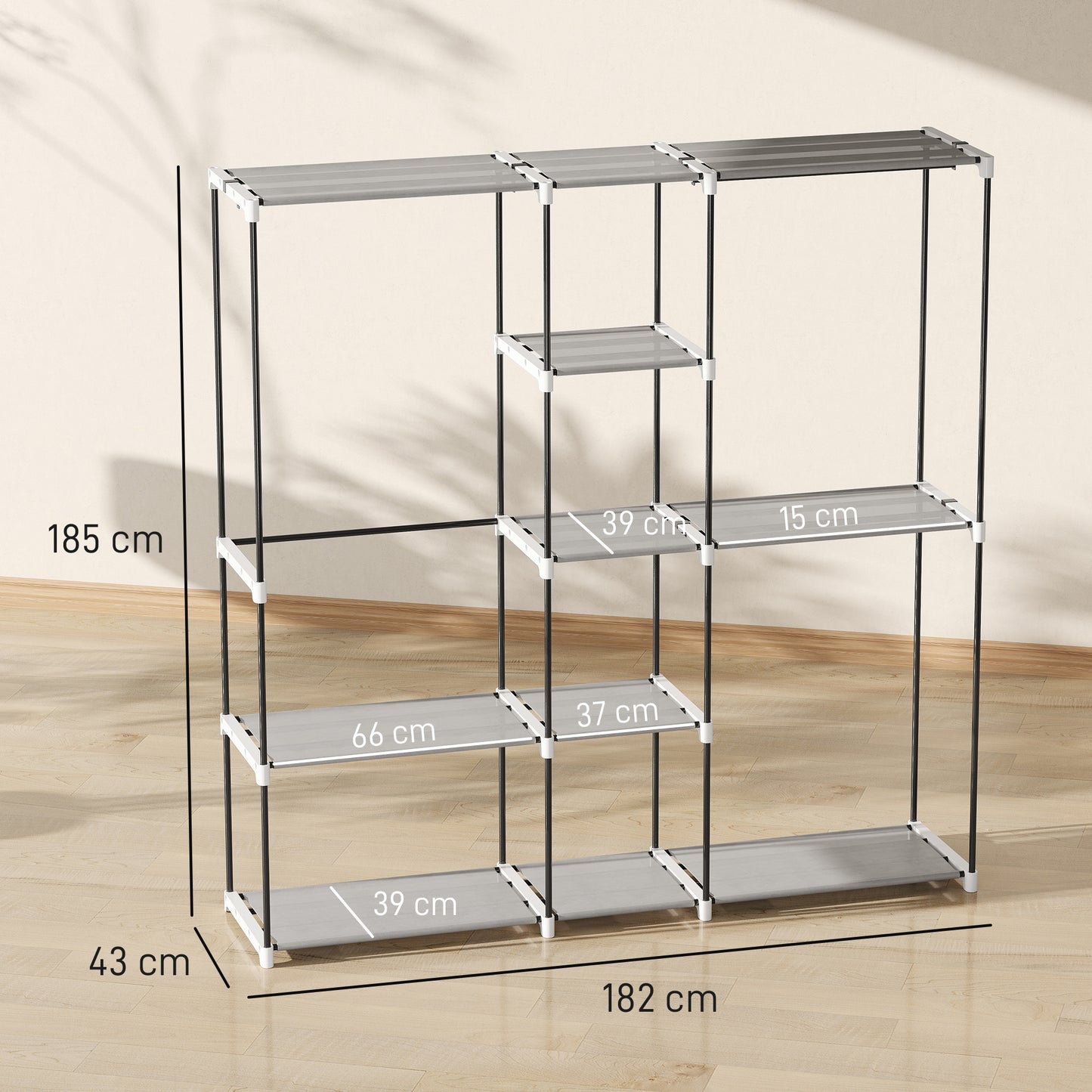 HOMCOM Portable Wardrobe With 8 Shelves And 3 Hanging Rails In Light Grey For Clothes Storage And Organization