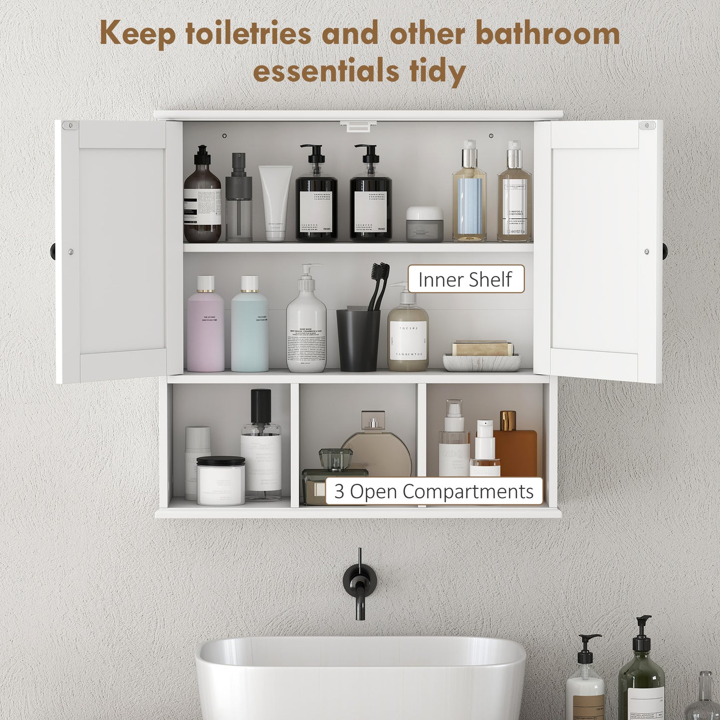 HOMCOM Farmhouse Wall Mounted Bathroom Cabinet With Adjustable Shelf Double Doors Open Compartments White