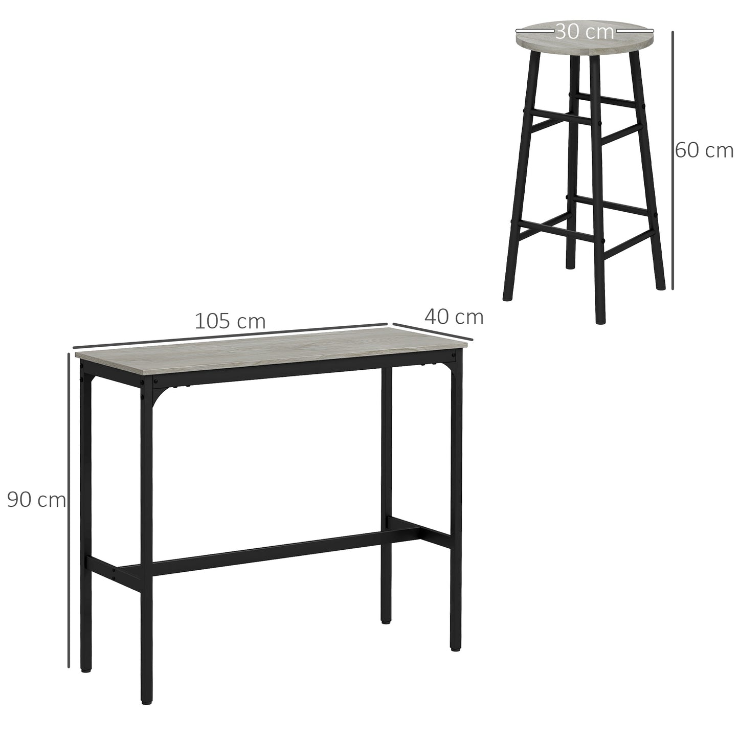 HOMCOM 3 Piece Bar Table Set With 2 Stools Industrial Grey Dining Table And Chair Set
