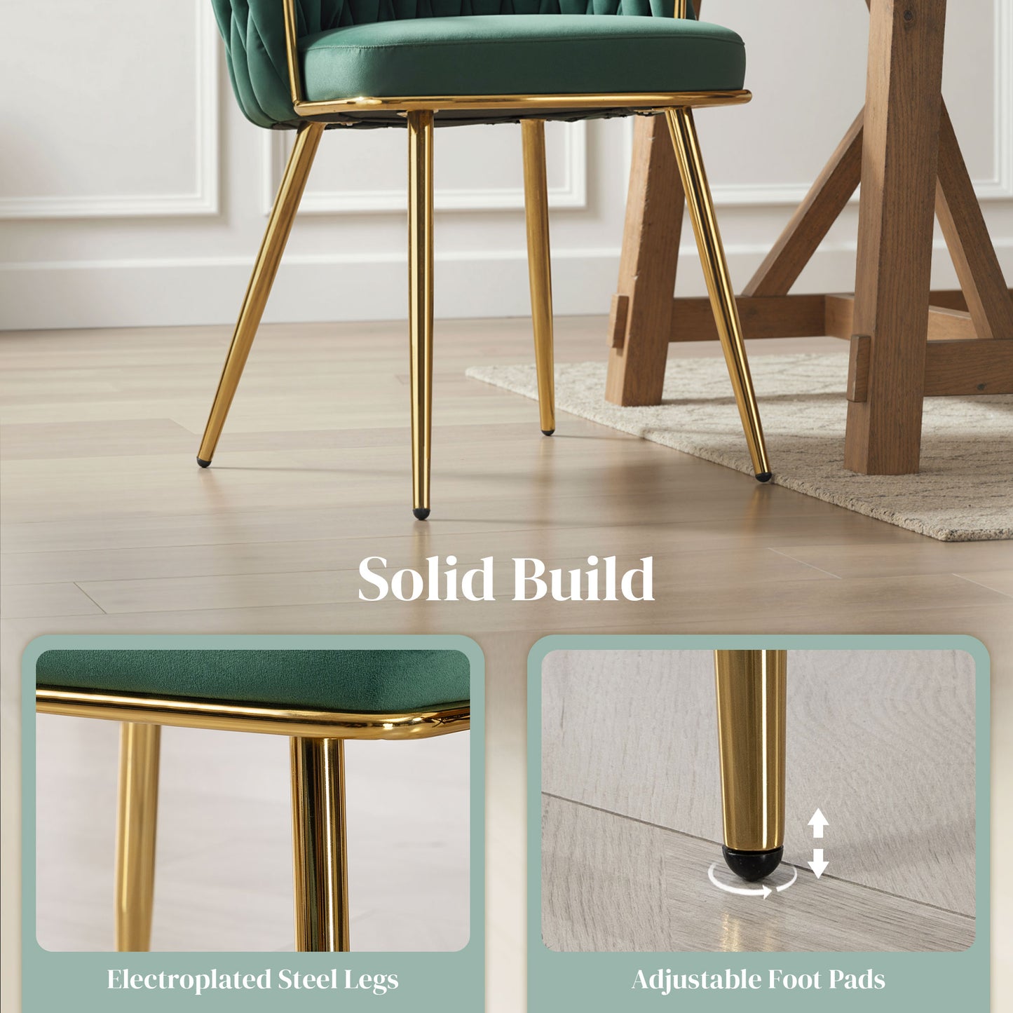 HOMCOM Velvet Feel Dining Chairs Set of 2 Modern Upholstered Armchairs with Knot Design and Golden Legs Dark Green