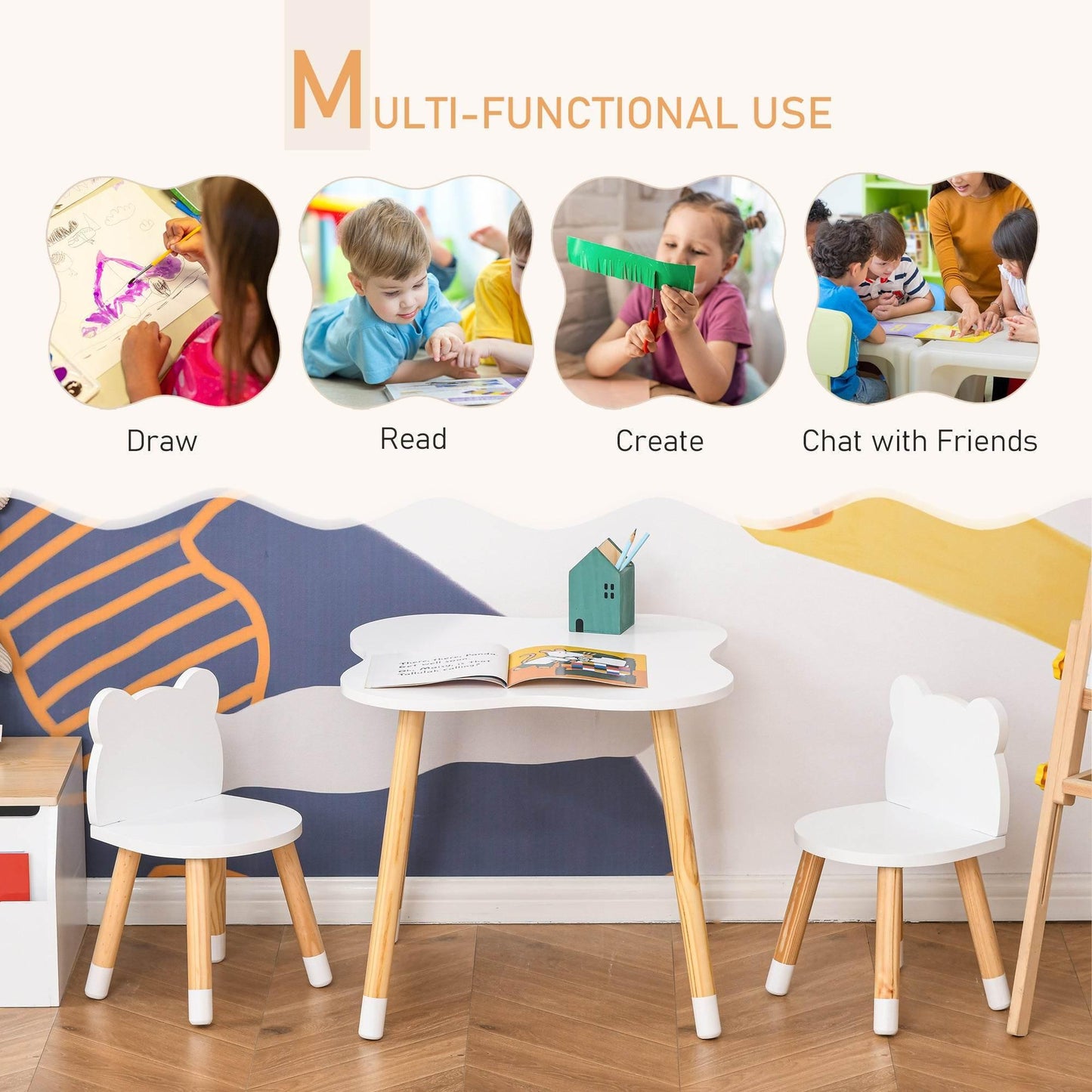 HOMCOM White 3-Piece Kids Table and Bear Chair Set for Toddlers - ALL4U RETAILER LTD