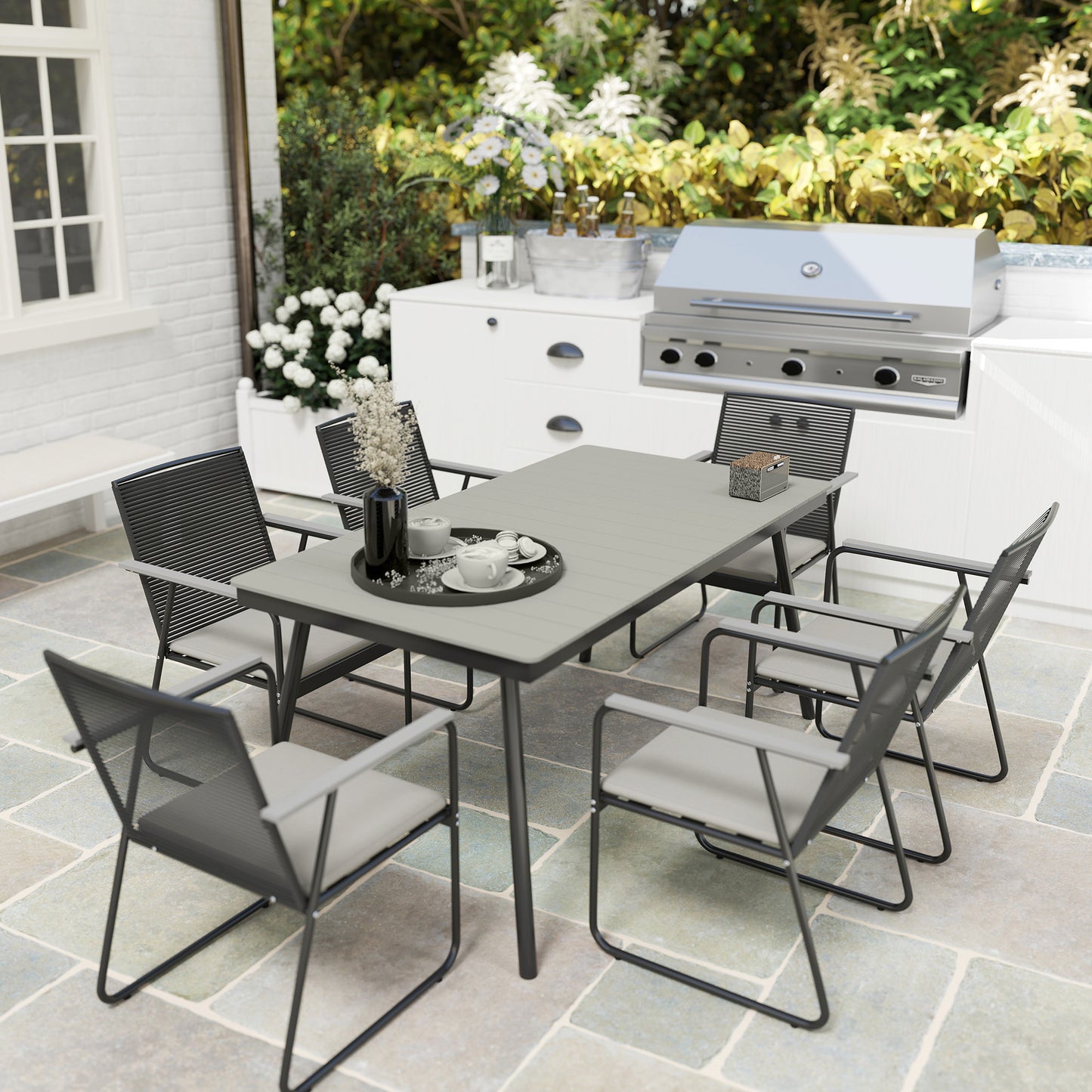 Outsunny 6 Seater Garden Dining Set With Cushions And Rattan Backrest Rectangular Table For Patio Grey