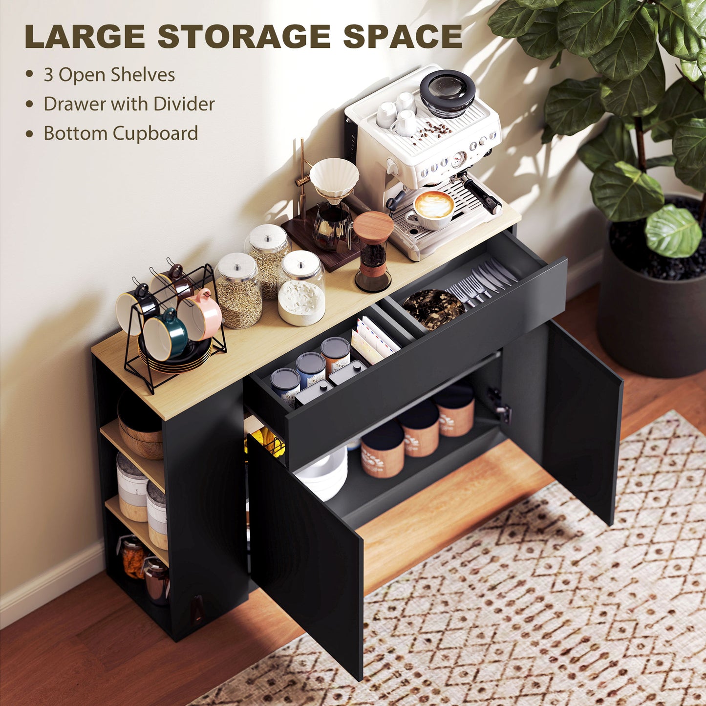 HOMCOM Kitchen Island With Storage Cabinet And Adjustable Shelf Two Drawers Three Open Shelves Black