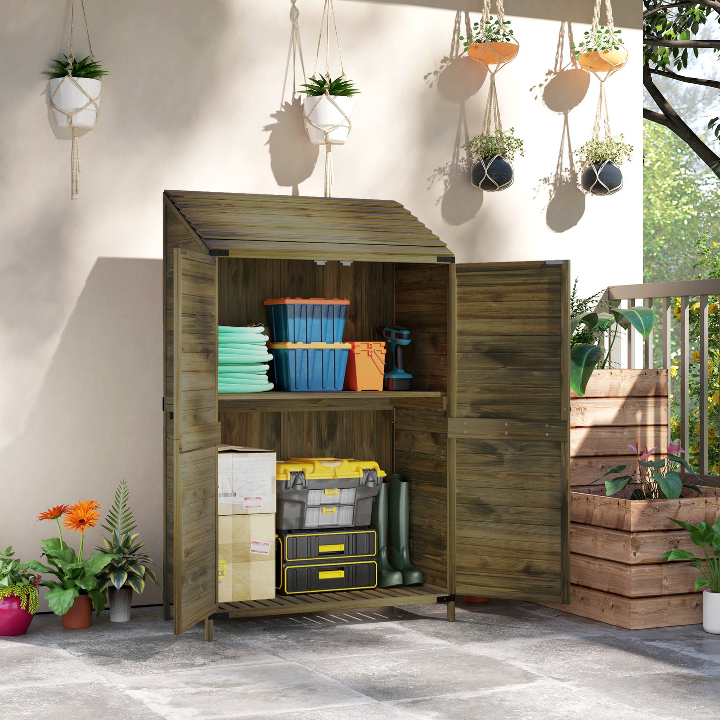 Outsunny Wooden Garden Shed 103.5 X 59 Cm Brown For Tools And Boots With Upper And Lower Shelves