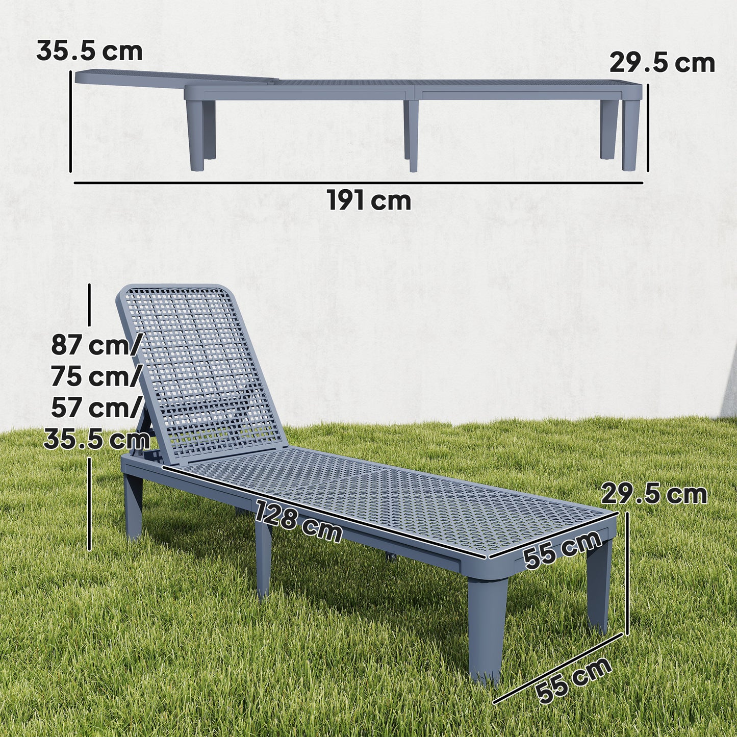 Outsunny Plastic Sun Lounger 4-Position Adjustable Reclining Garden Lounger Sunbed For Patio Beach Terrace Grey