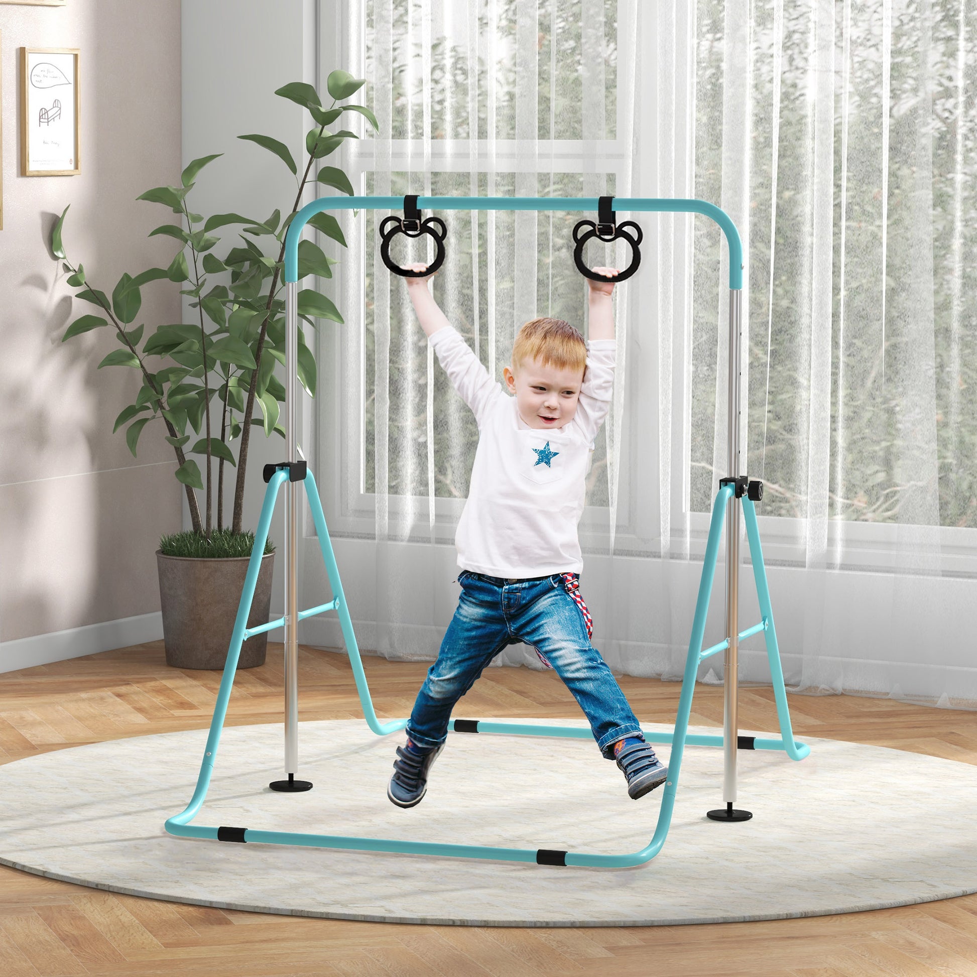 HOMCOM Adjustable Kids Gymnastics Bar with Non-Slip Safety Mats - Green, Foldable & Height Adjustable for Ages 3+ - ALL4U RETAILER LTD