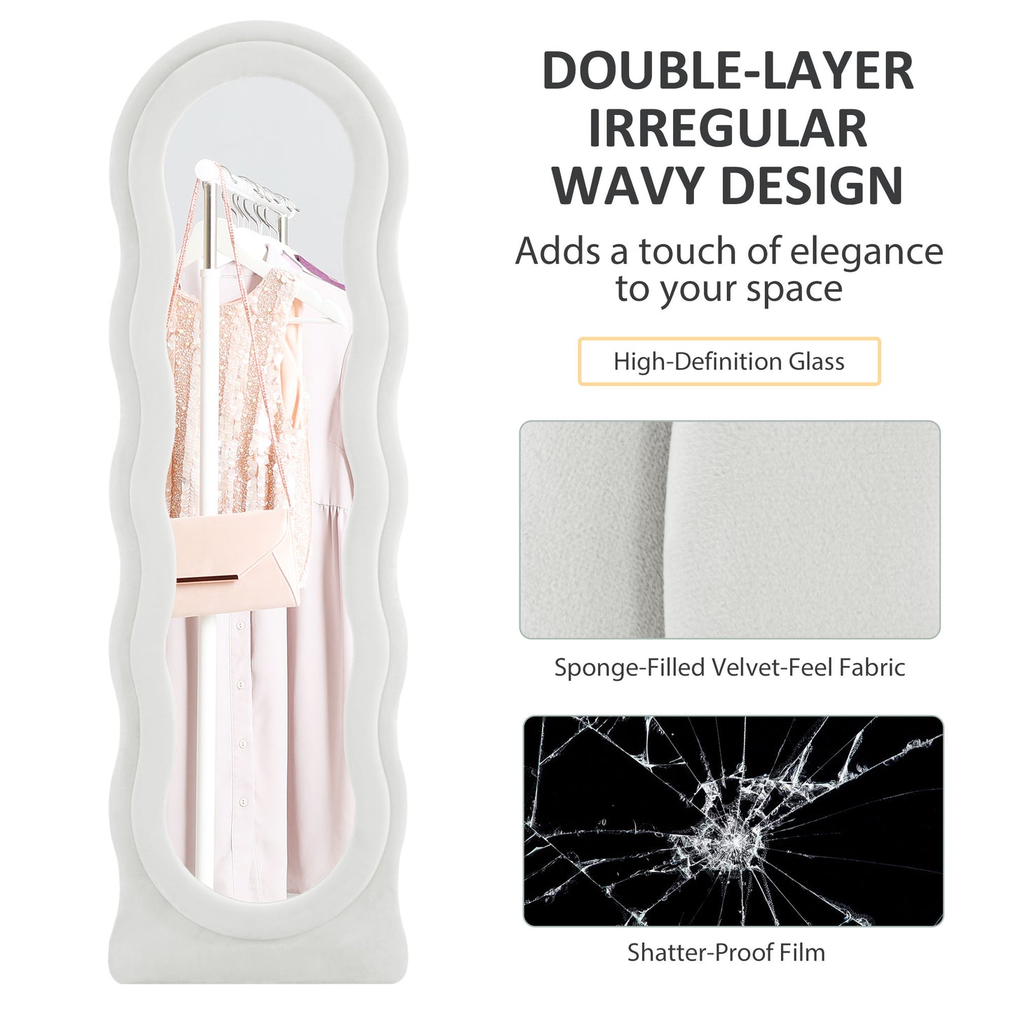 HOMCOM Wavy Velvet Feel Full Length Mirror White Standing Mirror For Modern Bedroom