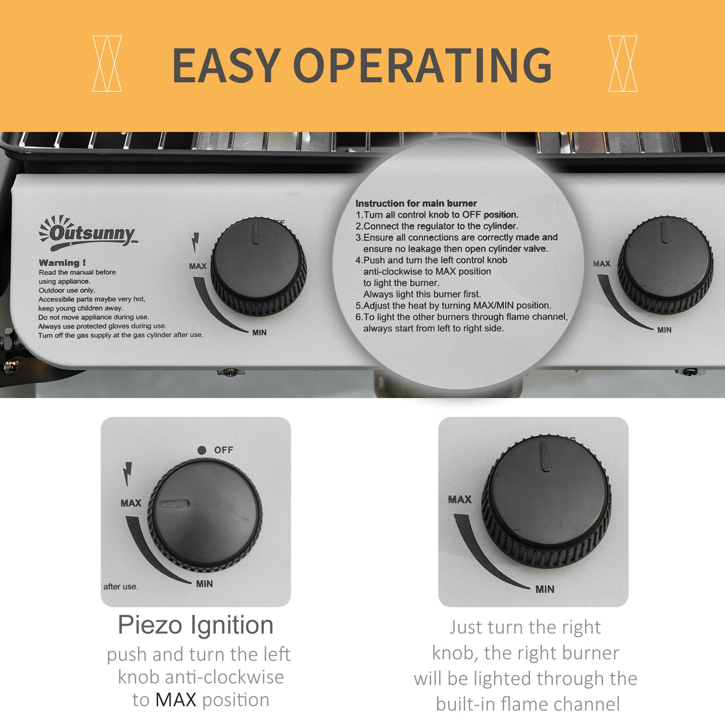 Outsunny Gas BBQ Grill With Two Point Eight kW Burners Individually Controlled And Two Extending Side Tables Grey