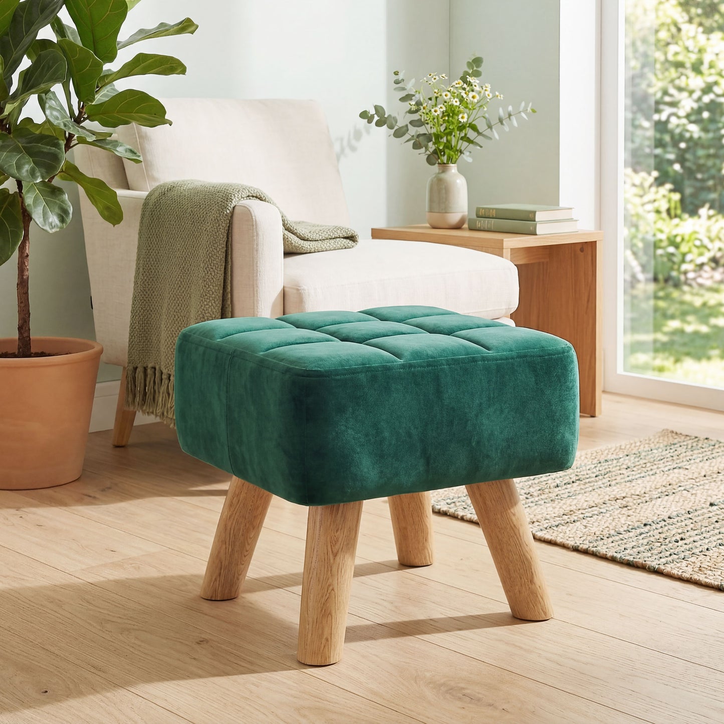 HOMCOM Velvet Square Padded Footstool with Tufted Top and Wooden Legs Dark Green