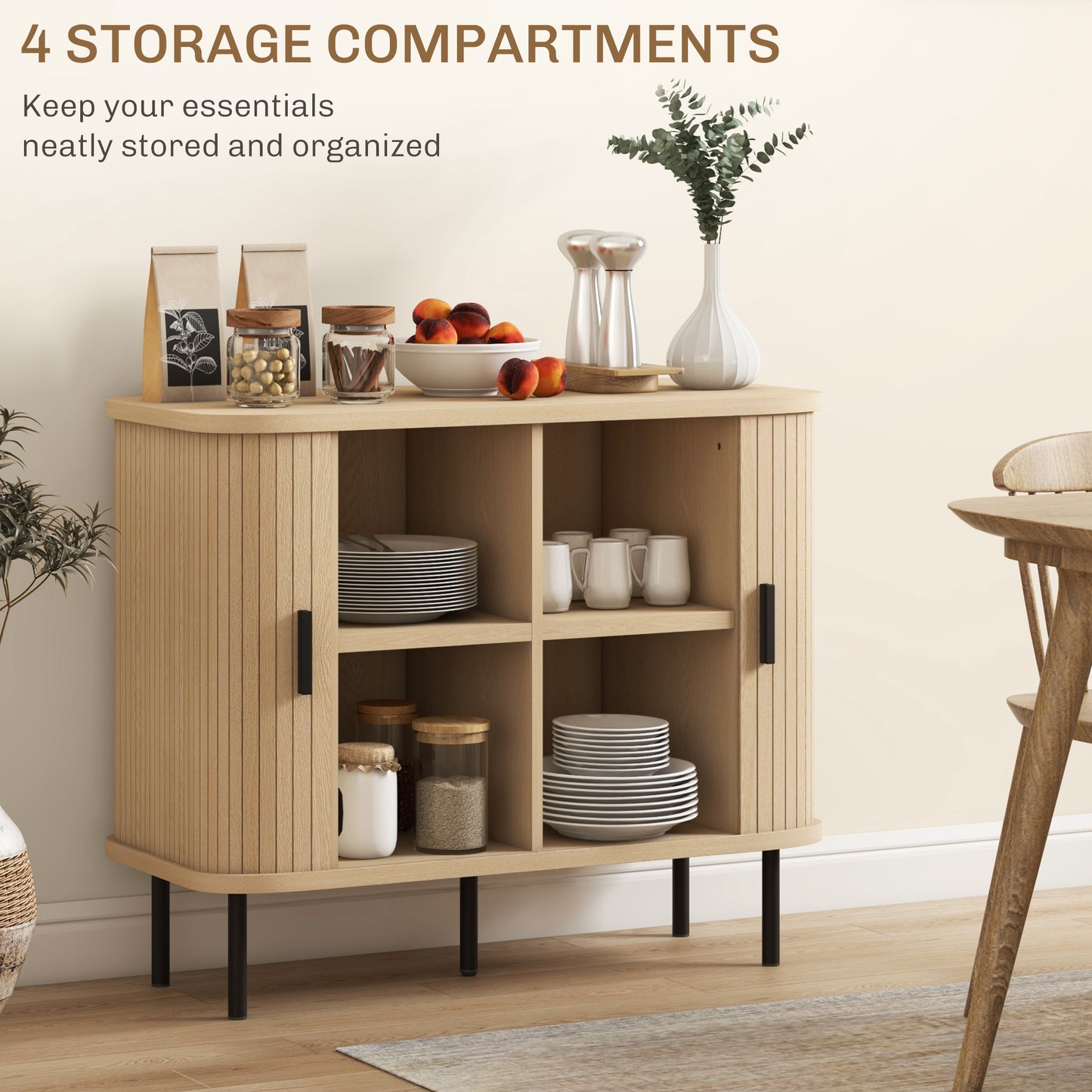 HOMCOM Mid Century Modern Sideboard Storage Cabinet With Slatted Tambour Sliding Doors Oak Tone