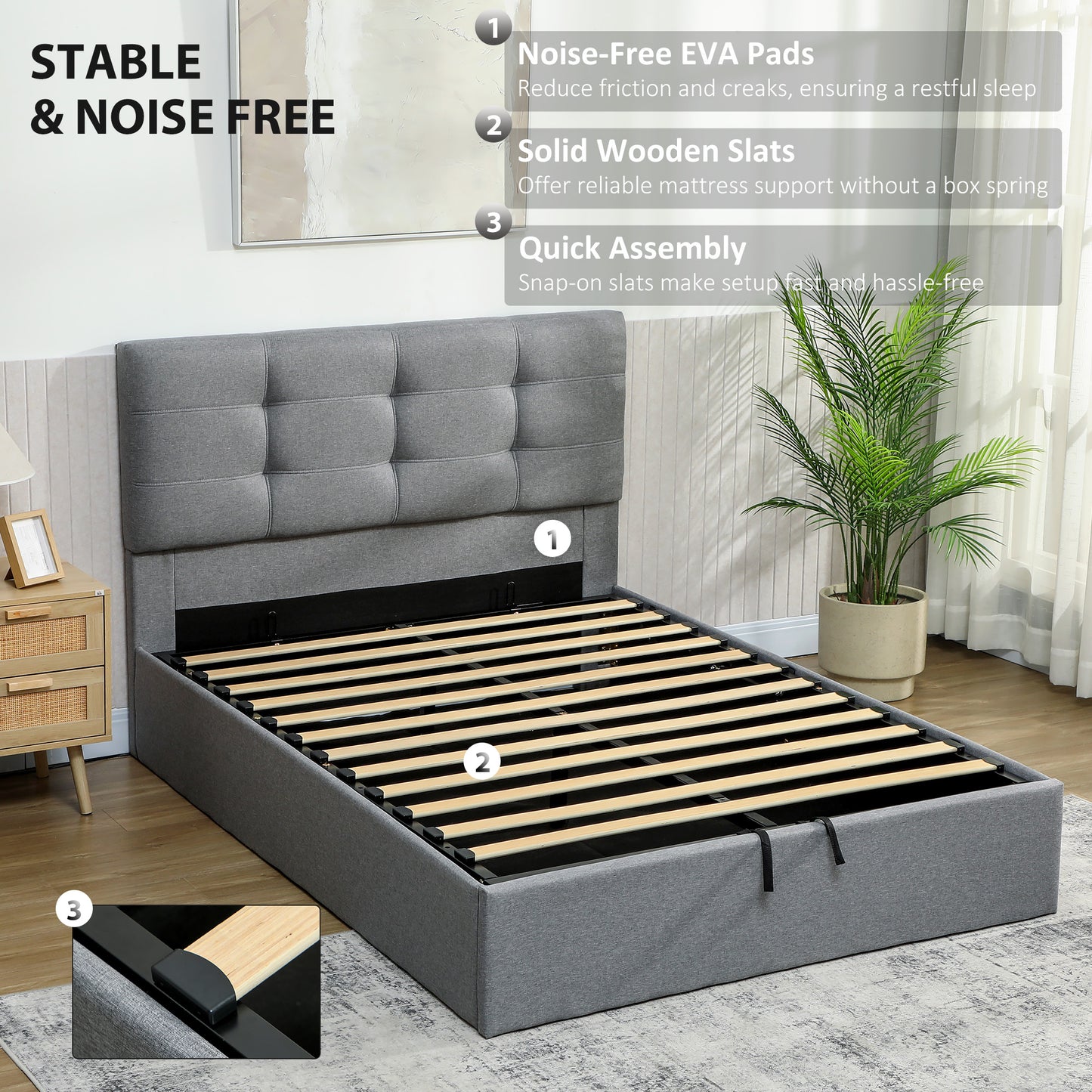 HOMCOM 4ft6 Double Ottoman Bed With Gas Lift Storage Grey Space Saving Underbed Storage Solution