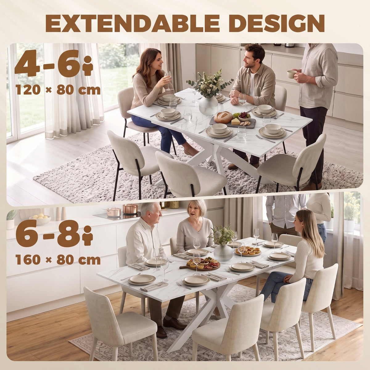 Extendable dining table with white marble-look top and four cream upholstered chairs