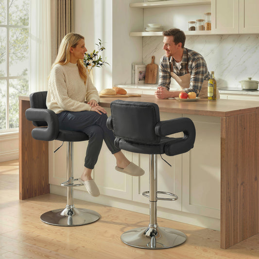 Homcom Adjustable Swivel Bar Stools With Backrest And Armrests Set Of 2 PU Leather Black