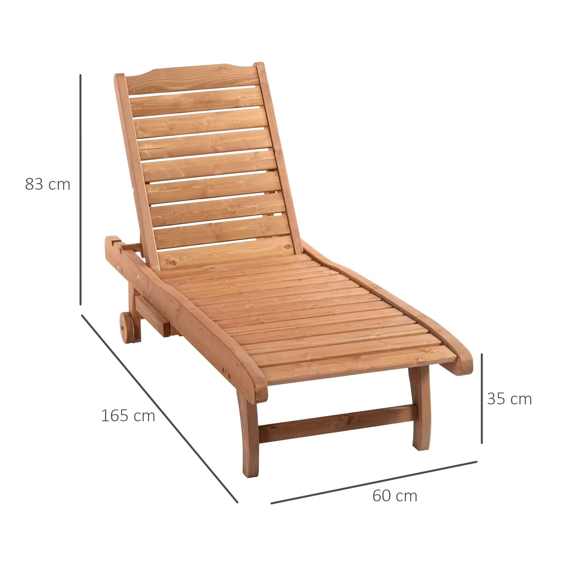 Outsunny Outdoor Wooden Lounger Chair, Sun Bed with Built-In Table, Adjustable Backrest and Wheels, Red Brown - ALL4U RETAILER LTD