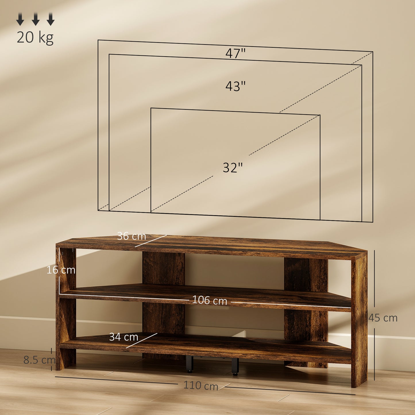 HOMCOM Corner TV Stand With Two Open Shelves For 47 Inch TV Rustic Brown Space Saving Design