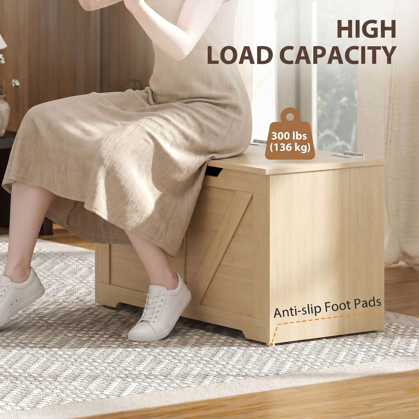 HOMCOM 100L Home Storage Box With Safety Hinge Nature Wood Finish Durable Seat Storage Chest Bench