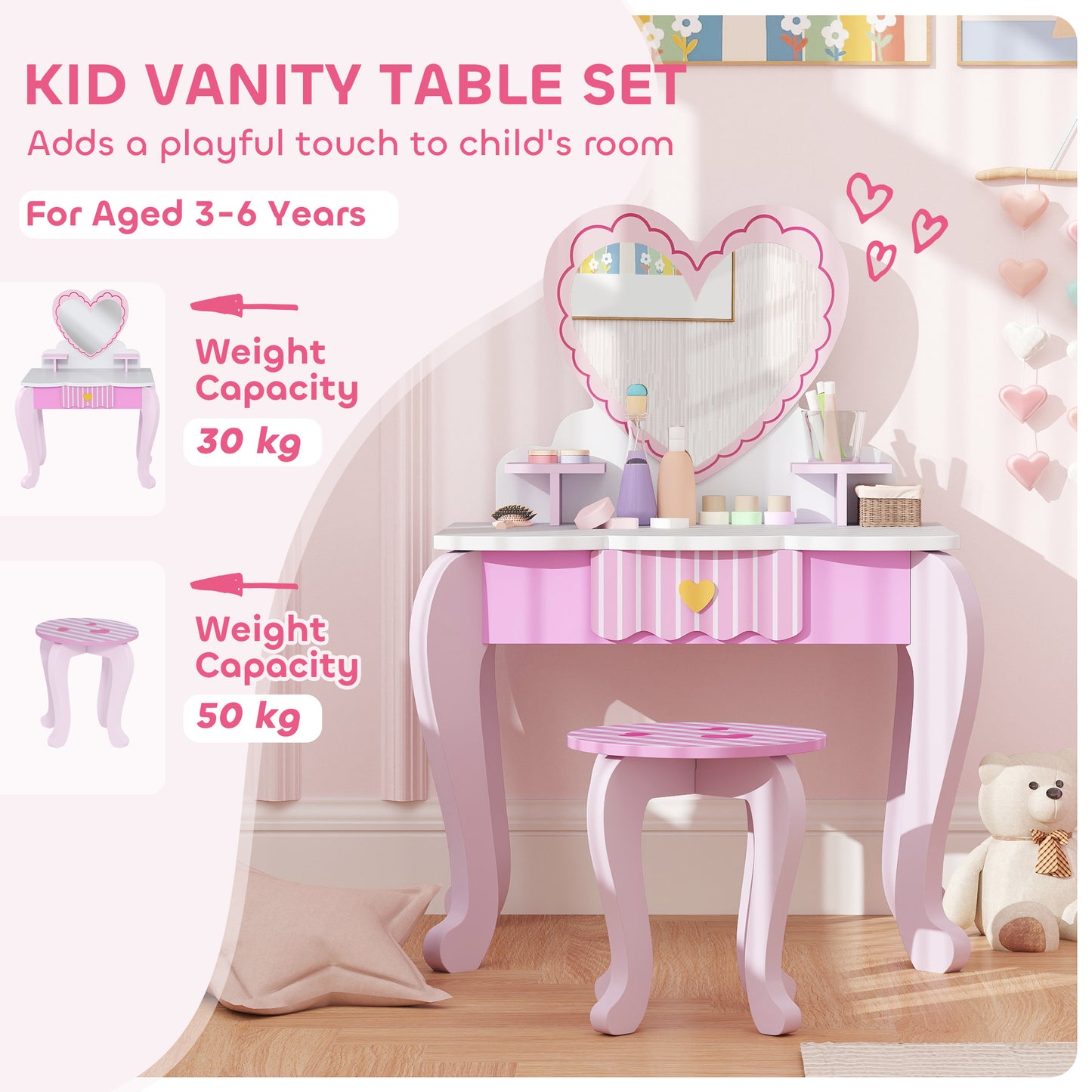 AIYAPLAY Kids Vanity Dressing Table Set With Stool Mirror Drawer And Desktop Storage Heart Theme Pink