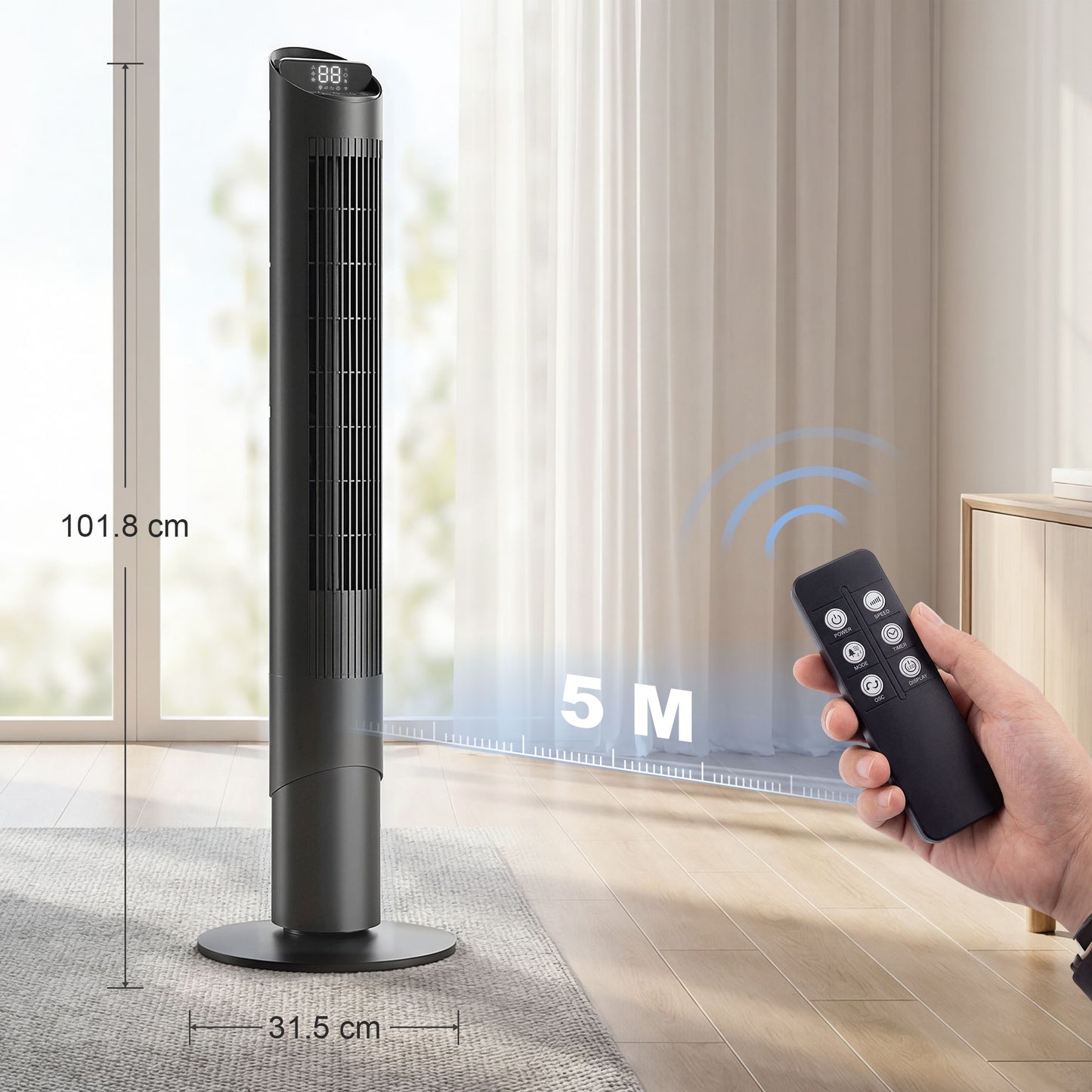 HOMCOM Tower Fan With WiFi App Control Remote Control 101.8 cm Standing Floor Cooling Fan Black