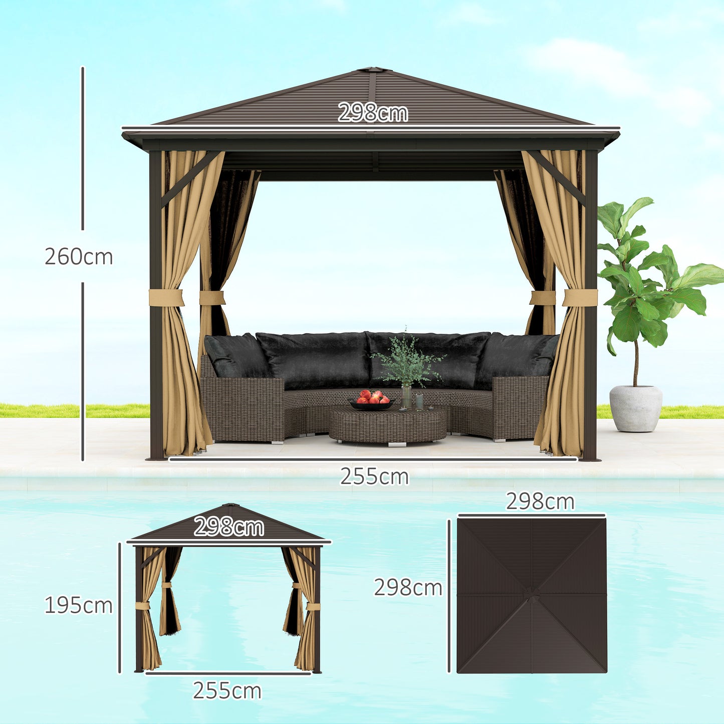 Outsunny 3 By 3 Meter Metal Hardtop Gazebo With Curtains And Accessories Weather Resistant Brown