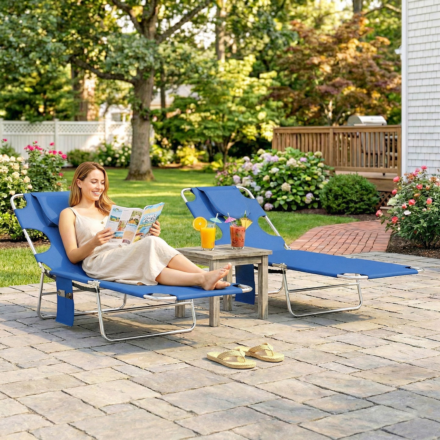 Outsunny Five Position Adjustable Sun Loungers Set Of Two With Reading Hole And Side Pocket In Blue