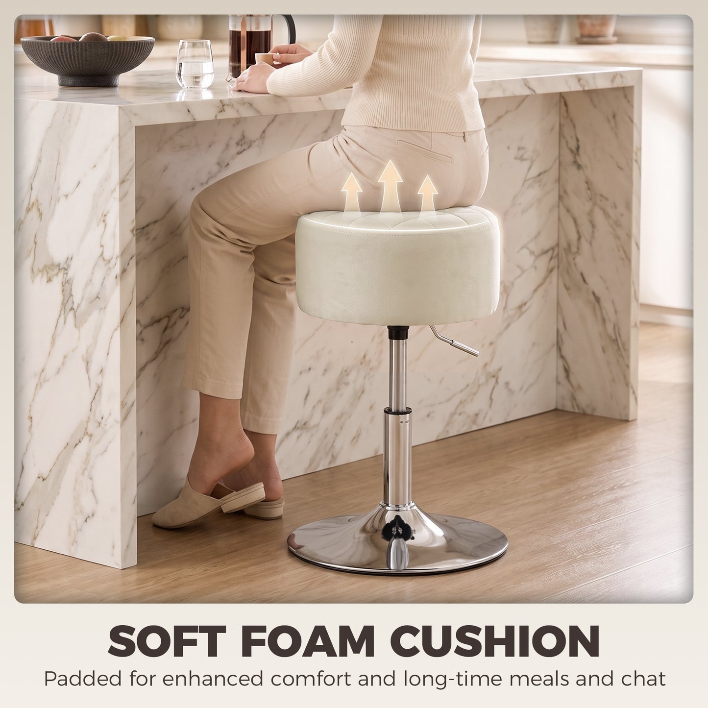 Homcom Adjustable Height Bar Stool Swivel Velvet Seat Kitchen Beige