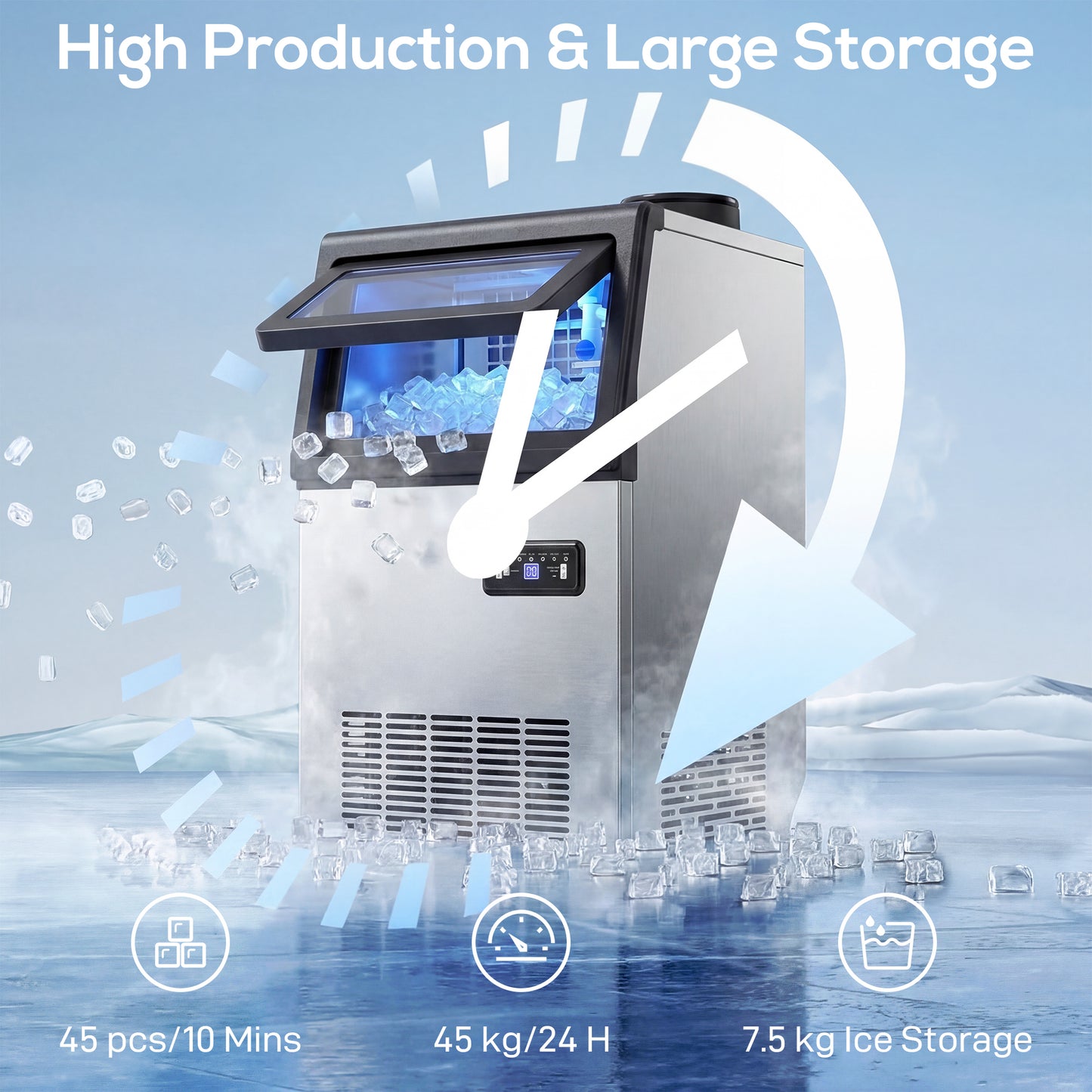 HOMCOM Commercial Ice Maker Machine 45 kg per 24 h Stainless Steel Under Counter or Freestanding Silver