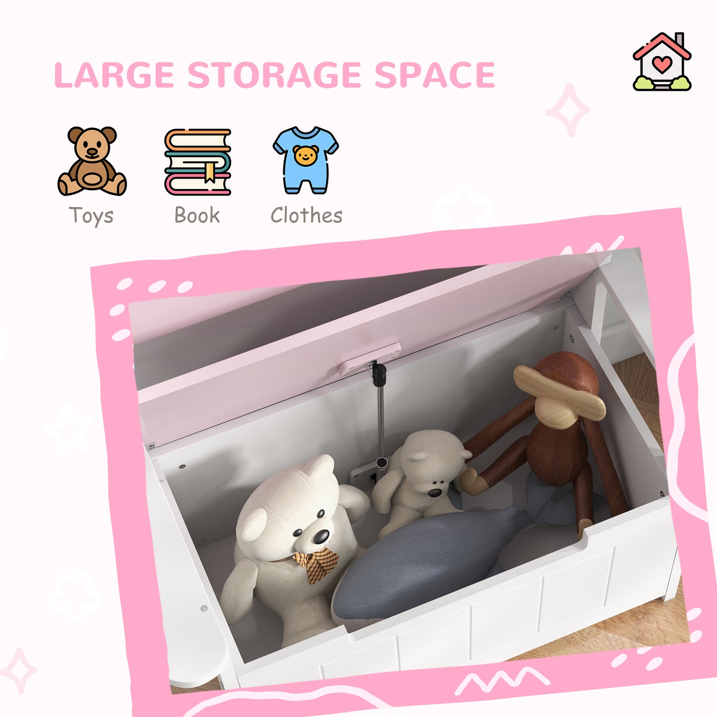 AIYAPLAY 2 In 1 Toy Box With Lid Kids Storage Bench Pink For Bedroom Nursery Playroom