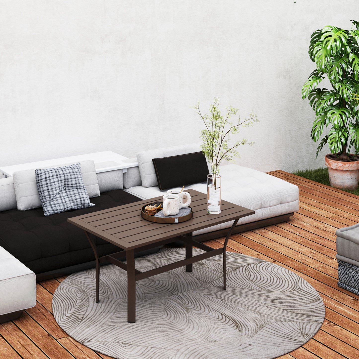 Outsunny Metal Garden Coffee Table 91.5 x 55 x 45 cm Slatted Top Weatherproof Outdoor Side Table Brown