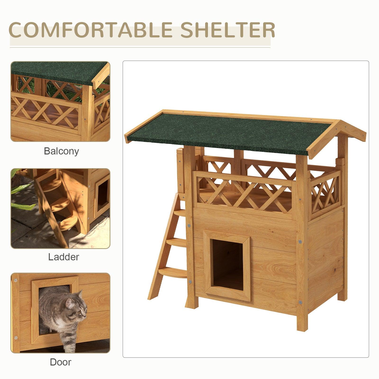 PawHut Outdoor Cat House w/ Balcony Stairs Roof, Natural Wood Finish - ALL4U RETAILER LTD