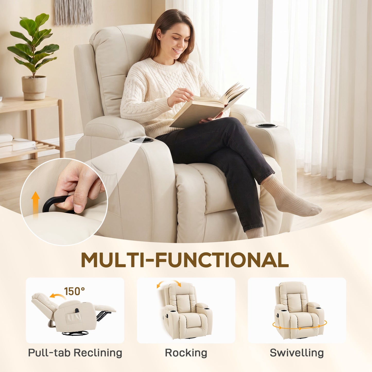 HOMCOM PU Leather Eight Point Vibrating Massage Recliner Chair With Extended Footrest Cup Holders Side Pockets Cream