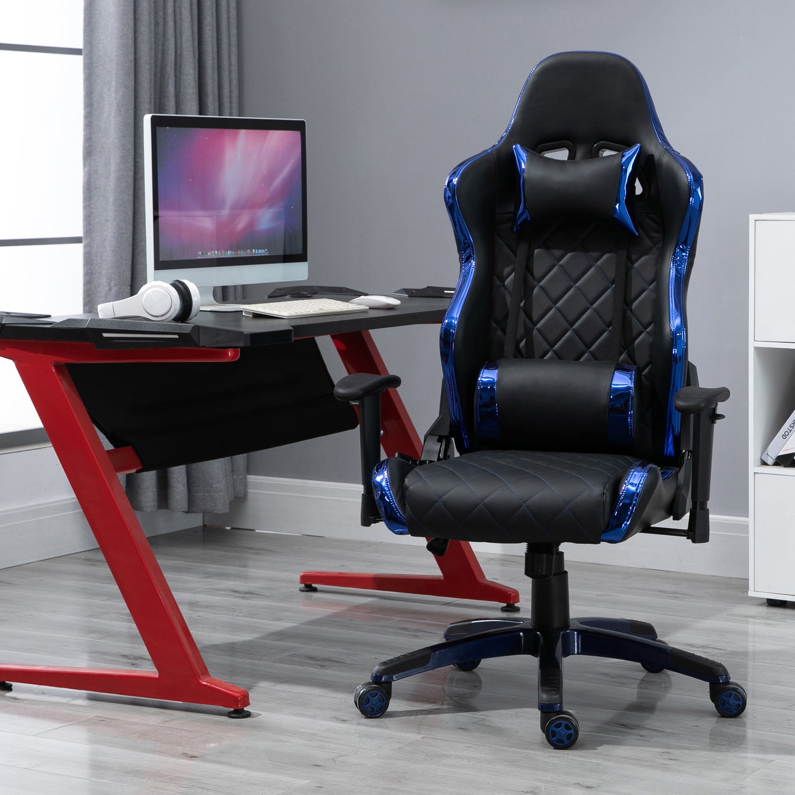 Vinsetto Black & Blue Holographic Gaming Chair - Ergonomic PU Leather Racing Seat with 360° Swivel, Adjustable Features, and Back Support Pillows - ALL4U RETAILER LTD