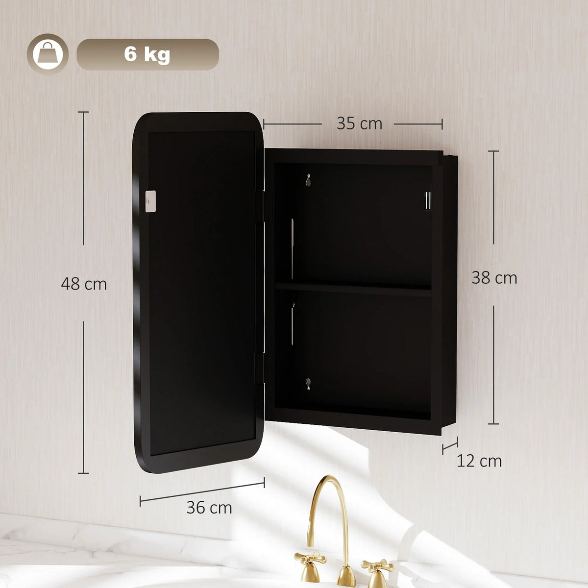 Black bathroom medicine cabinet with hinged door and open inner storage space