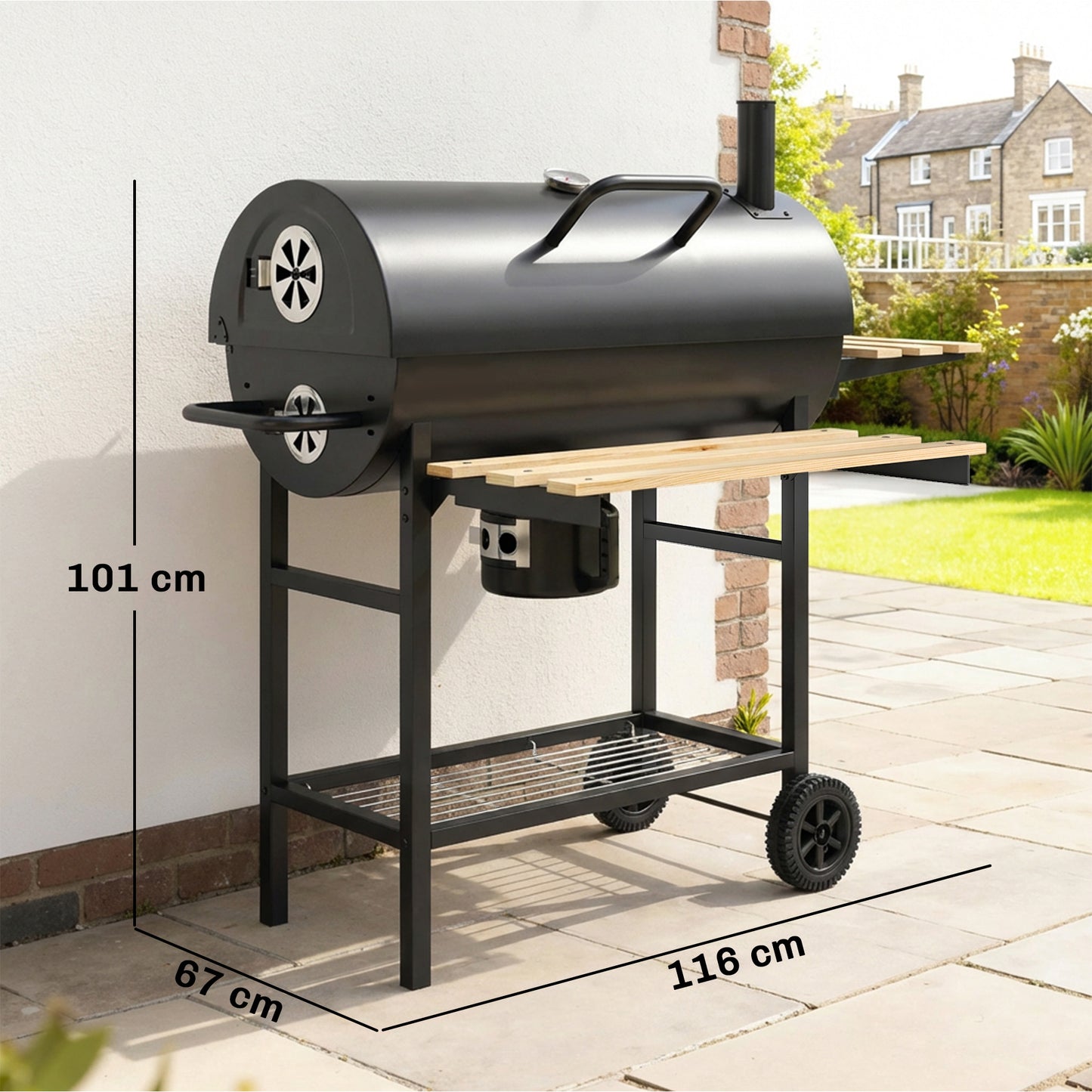 Outsunny Charcoal Grill Barrel BBQ Smoker With Warming Rack And Foldable Shelves Natural Wood And Black