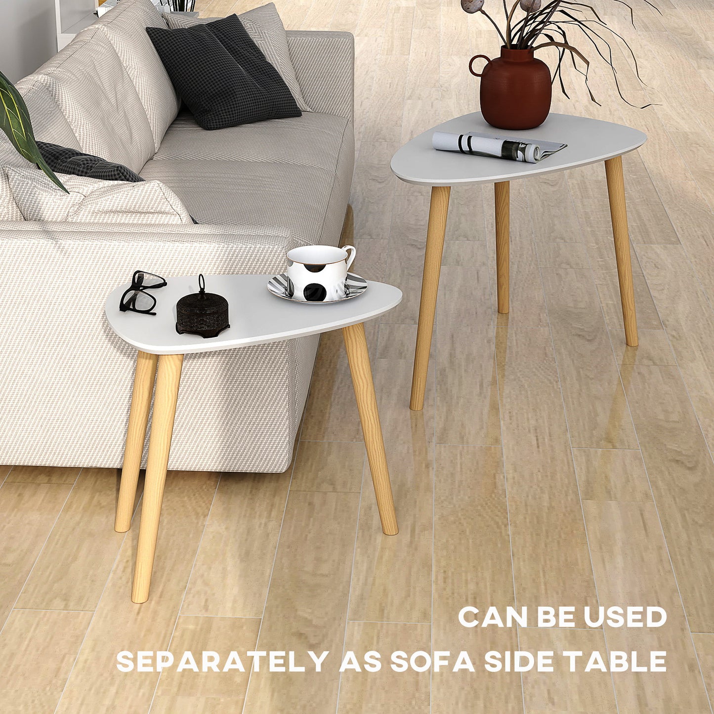 HOMCOM Nesting Coffee Table Set Of 2 With Solid Wood Legs In Light Grey For Living Room And Bedroom