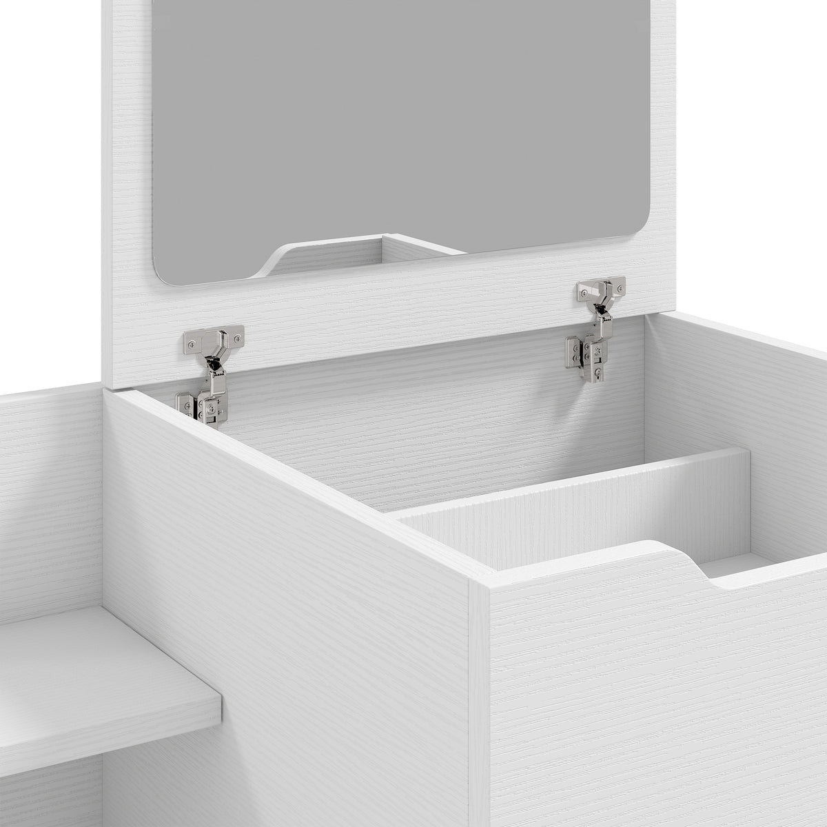 White vanity desk showing open flip-top mirror and storage compartments inside.