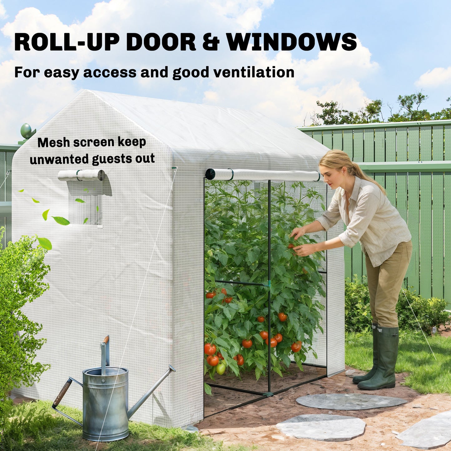 Outsunny Walk In Greenhouse For Outdoor Tomatoes With Roll Up Door And Mesh Windows PE Cover 200 x 140 x 200 cm White