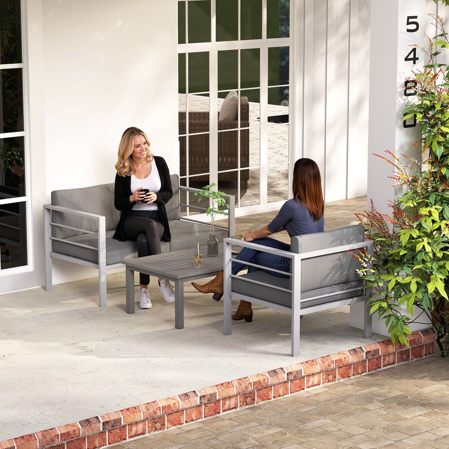 Outsunny 4 Piece Garden Furniture Set Aluminium 4 Seater Sofa with 2 Armchairs Loveseat Coffee Table Charcoal Grey
