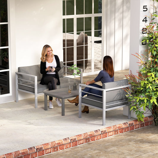 Outsunny 4 Piece Garden Furniture Set Aluminium 4 Seater Sofa with 2 Armchairs Loveseat Coffee Table Charcoal Grey