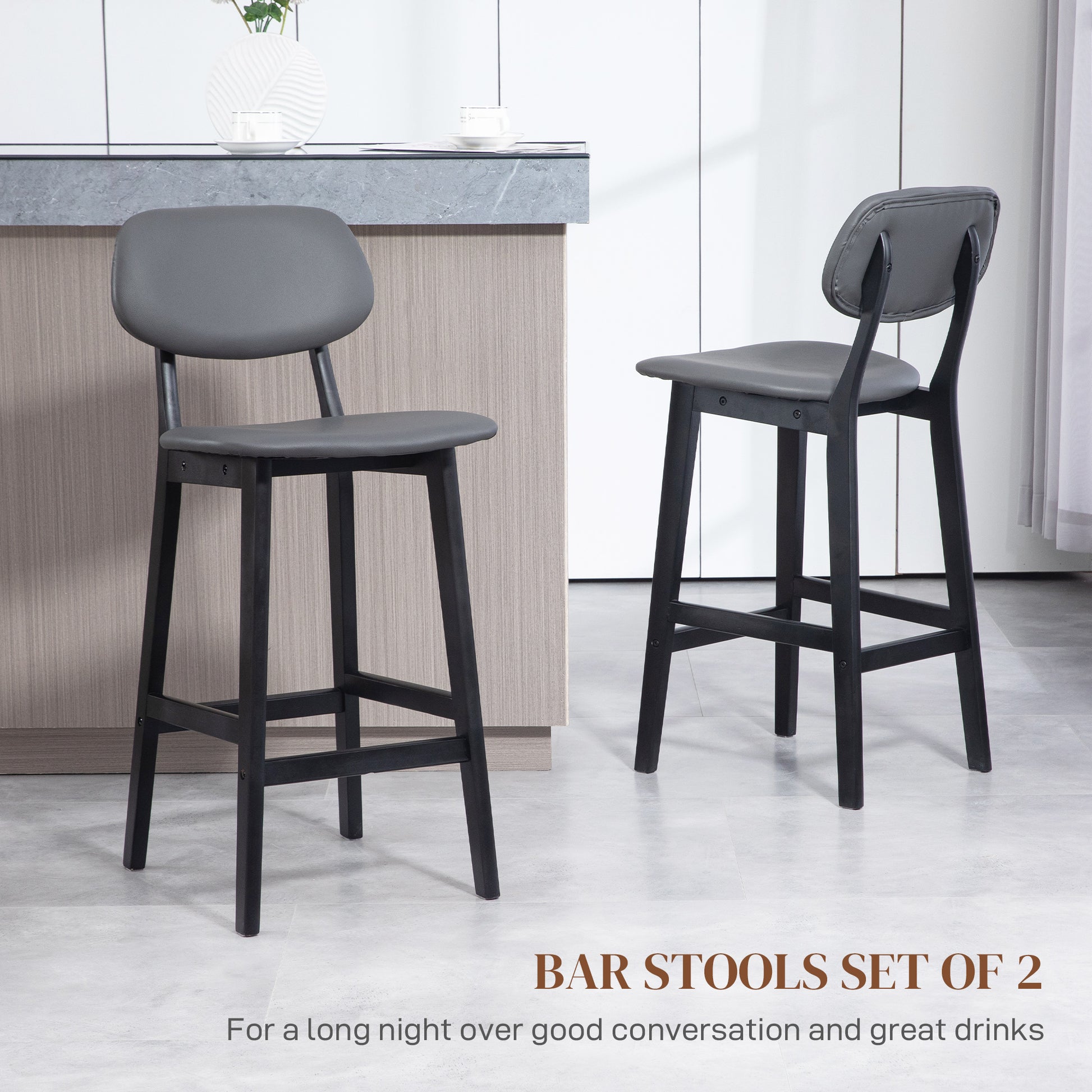 HOMCOM Set of 2 Modern Dark Grey Faux Leather Bar Stools with Backrest and Wooden Legs - ALL4U RETAILER LTD