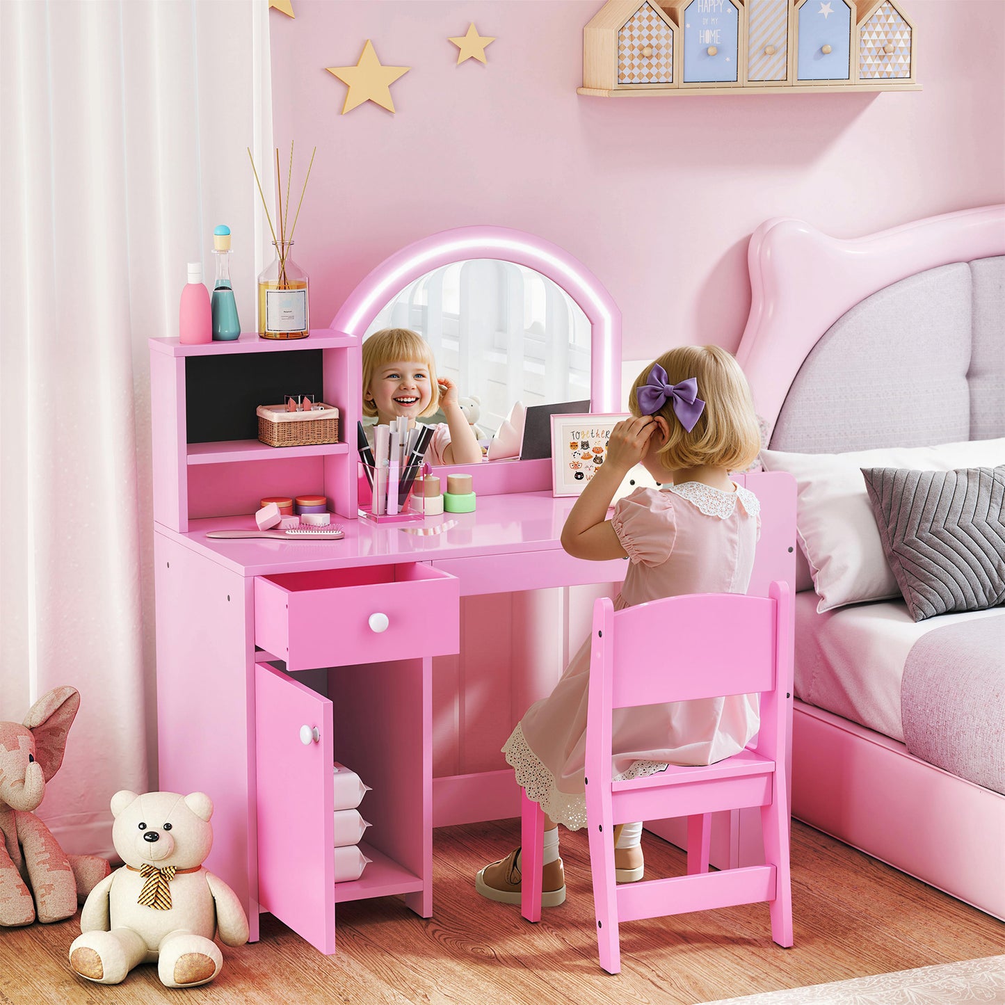 AIYAPLAY Kids Vanity Table and Chair Set with LED Mirror Pink and Storage Includes Stool Cabinet Drawer Shelves