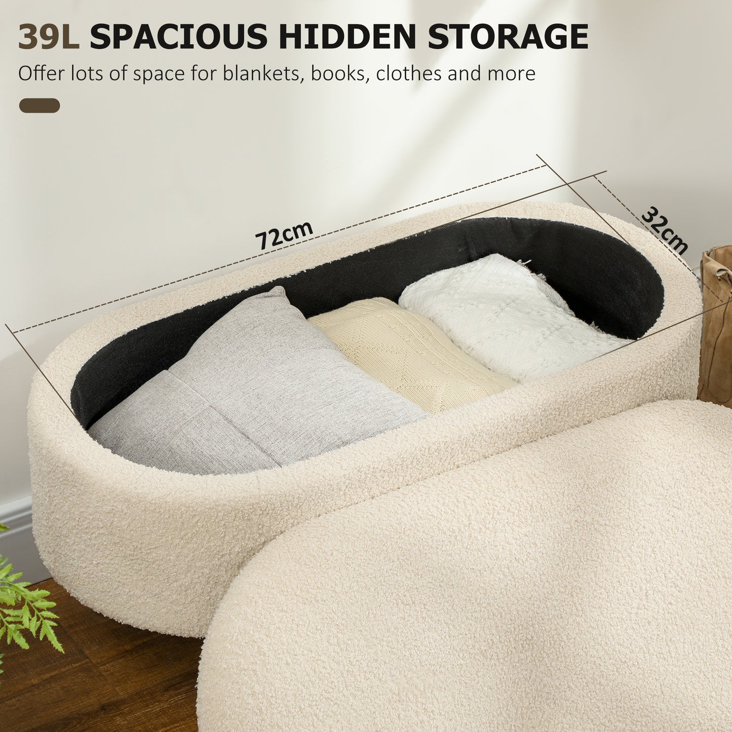 HOMCOM Teddy Fleece Storage Ottoman Cream White With 72 x 32 Cm Inner Storage And Padded Seat On Pine Wood Legs