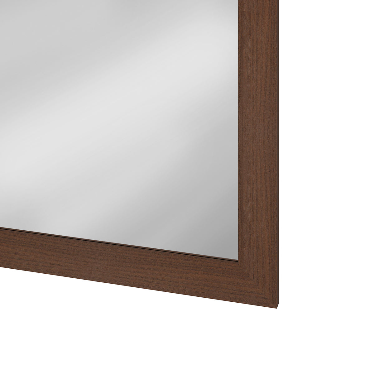 Bottom corner of dark brown wall mirror frame with clean mitered edge