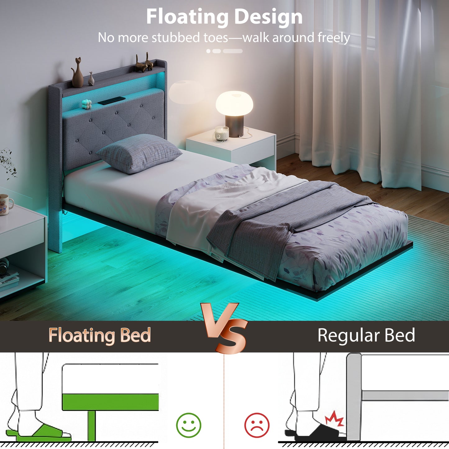 HOMCOM Floating Bed Frame 3ft Single Size Platform Bed With RGB LED Lights And Charging Station Grey