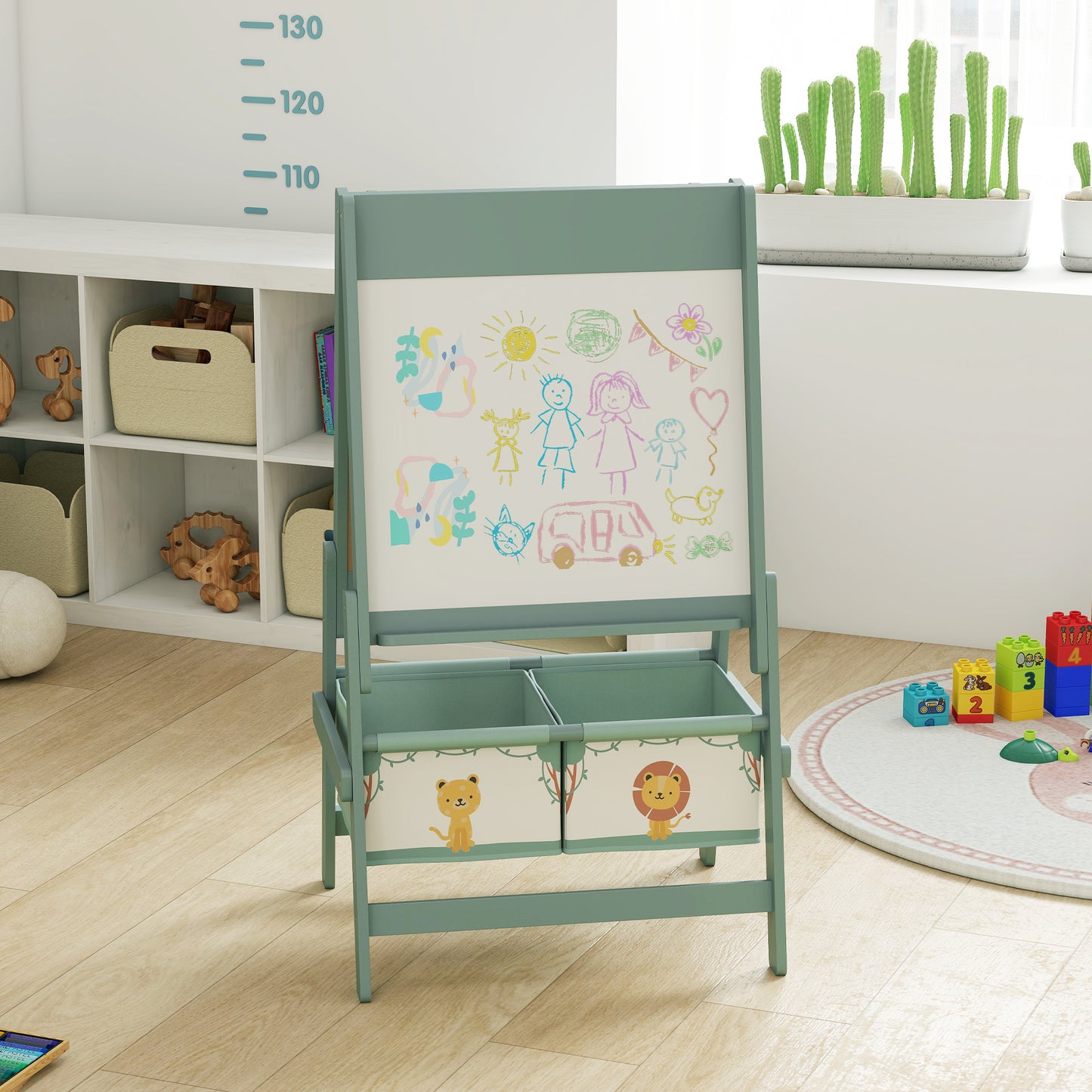 AIYAPLAY Art Easel For Kids Double Sided Whiteboard Chalkboard And Paper Roll Storage Boxes Ages 3 To 8 Green