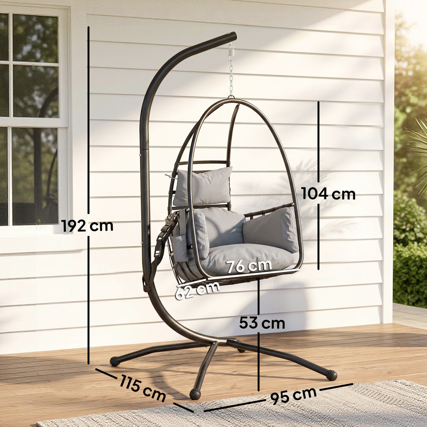 Outsunny Hanging Egg Chair With Stand For Indoor And Outdoor Use, Foldable Basket, Side Pocket, Dark Grey
